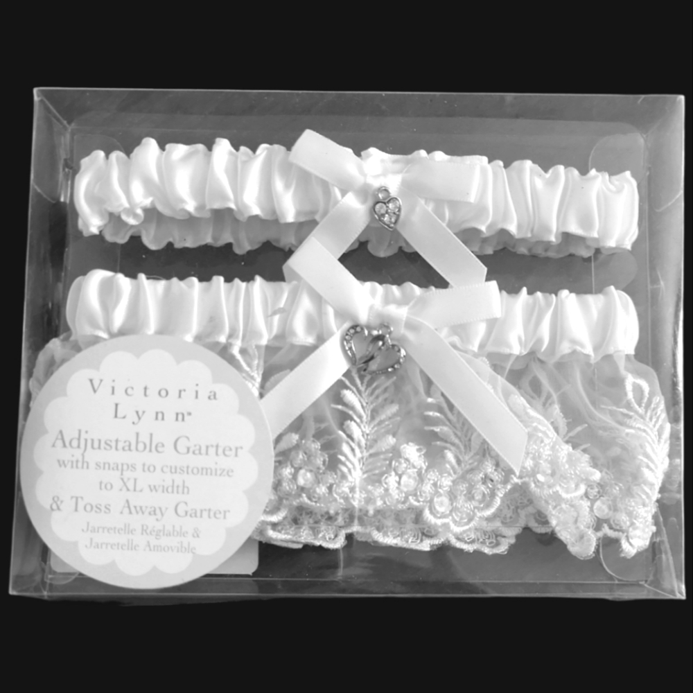 Victoria Lynn Adjustable To XL Garter Snaps & Toss Away Wedding Heart Lace Gems